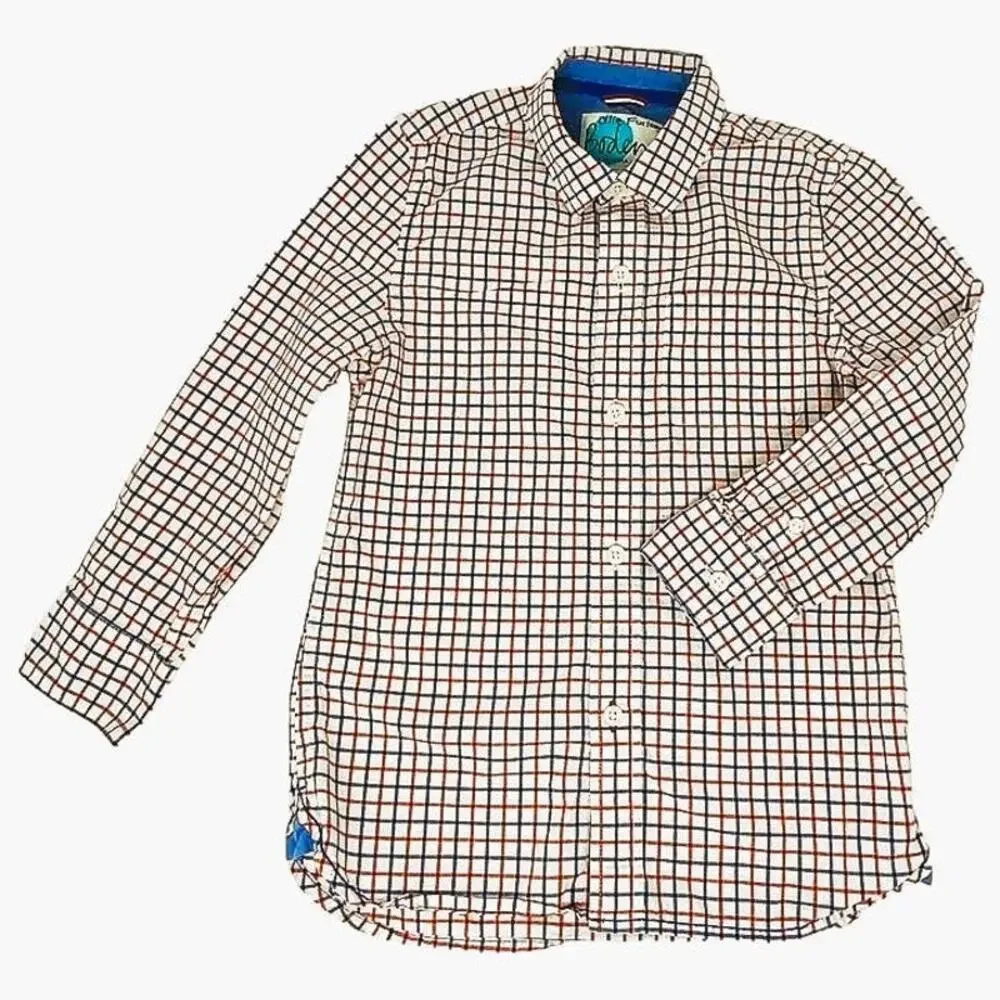 BODEN Boys Button Down Long Sleeve Red White Blue Dress Shirt ~ Size 6-7 Yrs.